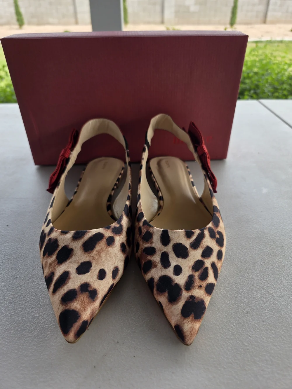 Maeve Leopard Print Pointed Slingbacks with Red Bow Accent - Picture 1 of 6